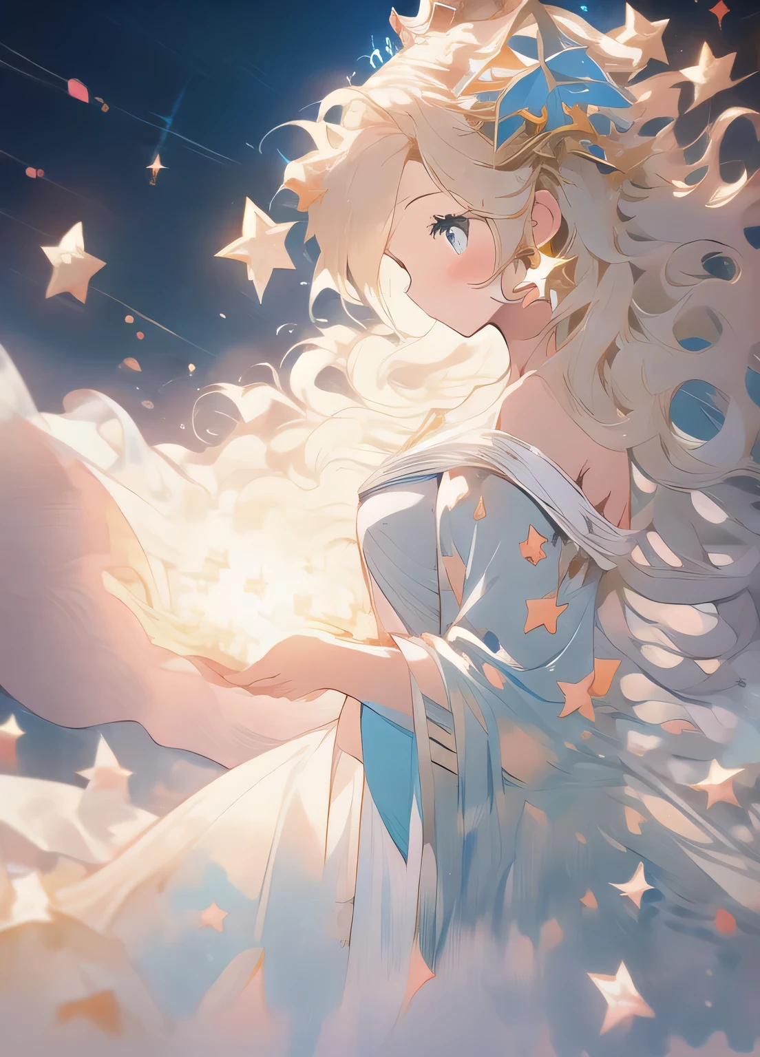 photorealistic, Rosalina, girl, solo, mature woman, blue dress, crown, upper body, space, star空, 惑star, star 
