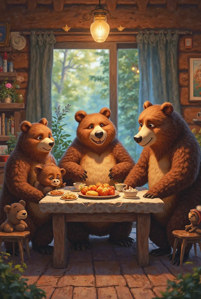 3 bears eating in the dinning table.
The dad bear eating a banana.
The mom bear eating an apple.
The ??? bear eatind a strawberry 