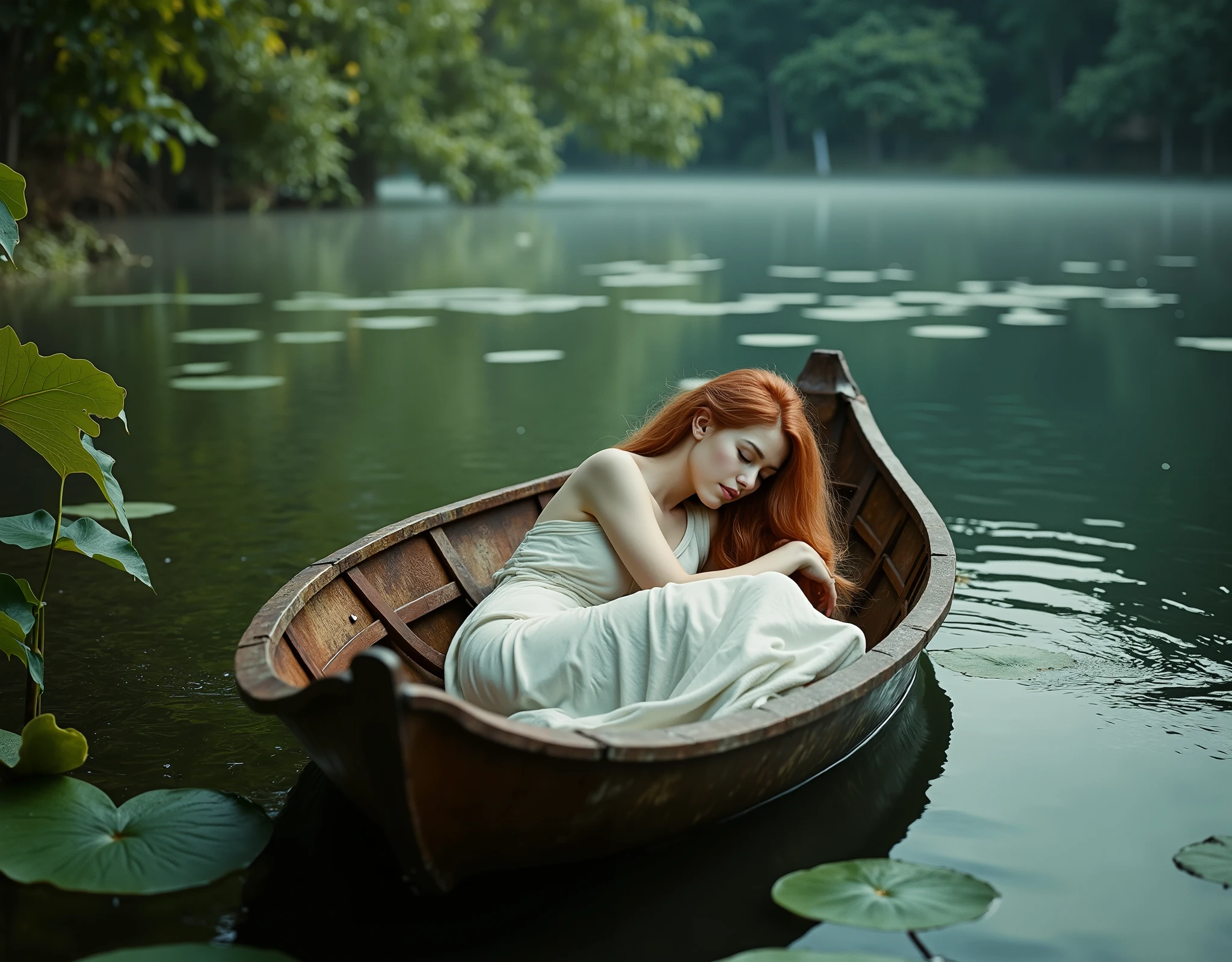 Enchanting 8K aerial photograph of a young woman with porcelain skin and copper-red hair, peacefully asleep in a rustic wooden boat adrift on a tranquil forest lake. She wears an ethereal ivory white maxi dress flowing over the boat’s edges, the delicate fabric contrasting with the weathered rust-toned wood. The God's-eye view captures her entire graceful form within the boat, surrounded by floating jade-green water lilies and lush emerald foliage. Natural golden hour sunlight enhances the warm tones, casting soft reflections on the crystal-clear water with gentle ripples. Ultra HD details: individual hair strands, finely textured wood grain, and realistic water reflections. Background is slightly softened to enhance depth of field. Morning mist drifts above the lake, adding a dreamlike atmosphere. A harmonious blend of Pre-Raphaelite romanticism and modern nature photography, aerial view, sleeping beauty in boat, ivory white dress, jade forest lake, golden hour, porcelain skin, copper hair, rustic wood, hyper-detailed 8K, nature photography, ethereal boho style, water lily reflections, morning mist, freckled model, cinematic lighting