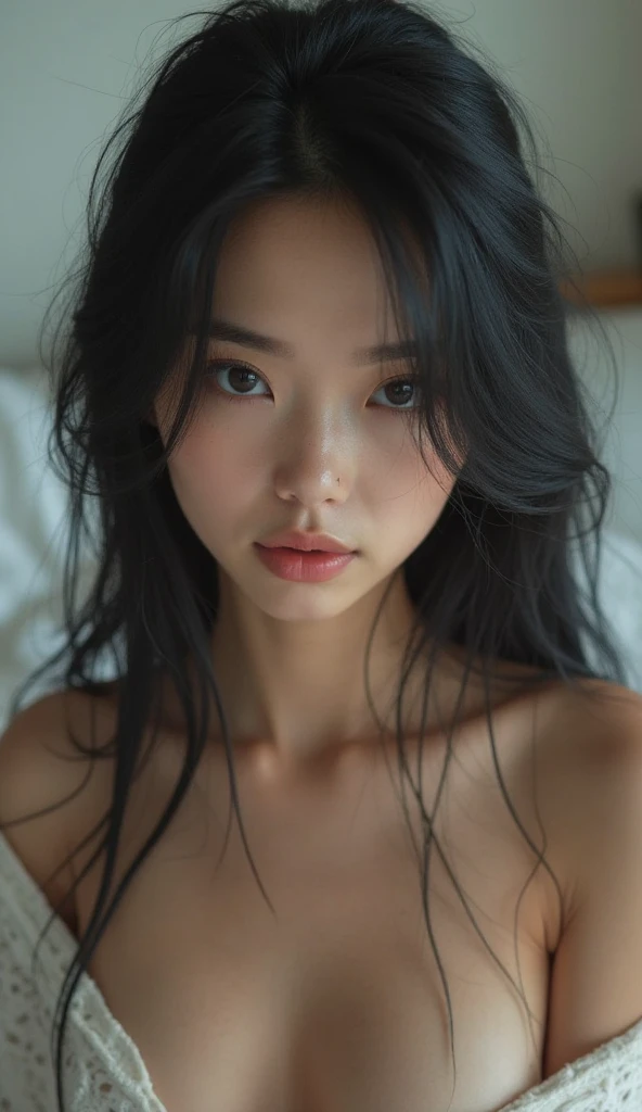 Japanese　Cute female college student　Selfie　Exposed Skin　Large Breasts　close your eyes　Lips kissing　blouse　High School Uniform　A glimpse of tongue