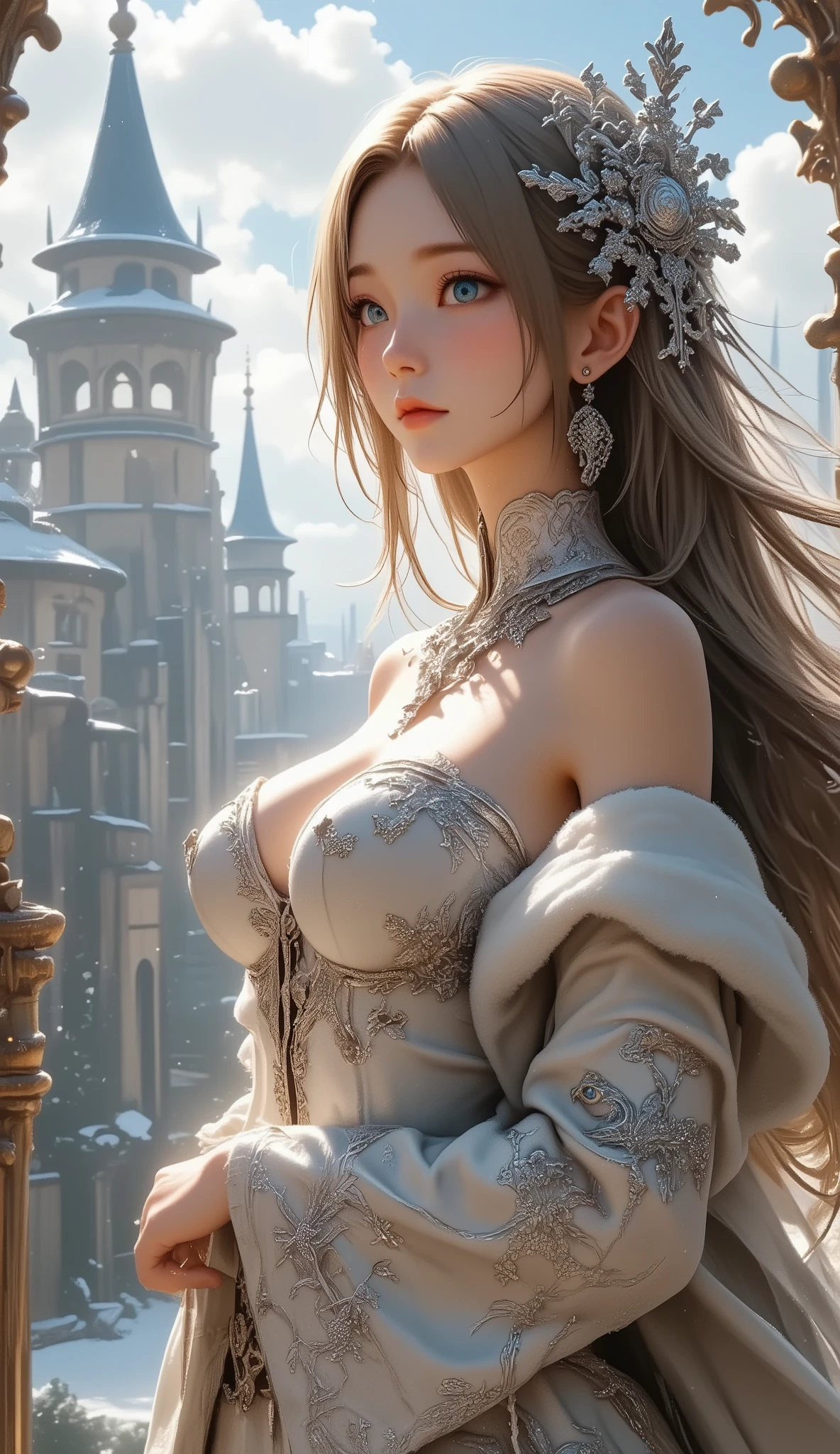 The best texture, high quality, , 8k, full body photo, panoramic photo , snow, flying snowflakes, dancing in the snow, huge breasts , full of Miao silver jewellery, Miao clothing, Silver Phoenix Crown, Melon Seed Face, Super Detailed Facial, blue eyes, Long eyebrows , white skin, Silver long hair, Long Flowing Hair, rises with the wind, snowflake colorful gifts, realistic, very well detailed, High detail, ultra clear ,