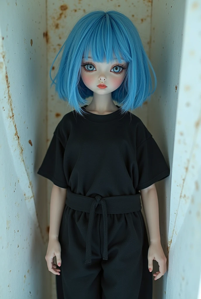 Blythe doll short tousled turquoise hair with microbangs very very short black bangs above her very thin eyebrows with brown eyes wearing black eyeshadow and a black shirt showing one of her shoulders and many necklaces