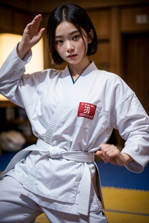 masterpiece, ultra details, best quality, 1 korean taekwondo girl, masterpiece, ultra details, best quality, black long straight hair, wearing sweaty white World Taekwondo Federation dobok uniform with black v-neck, wearing taekwondo blackbelt, wearing white martial arts pants without pockets, large sweaty butt, large breasts, laying on wet hotel bed showing butt, sweat on face