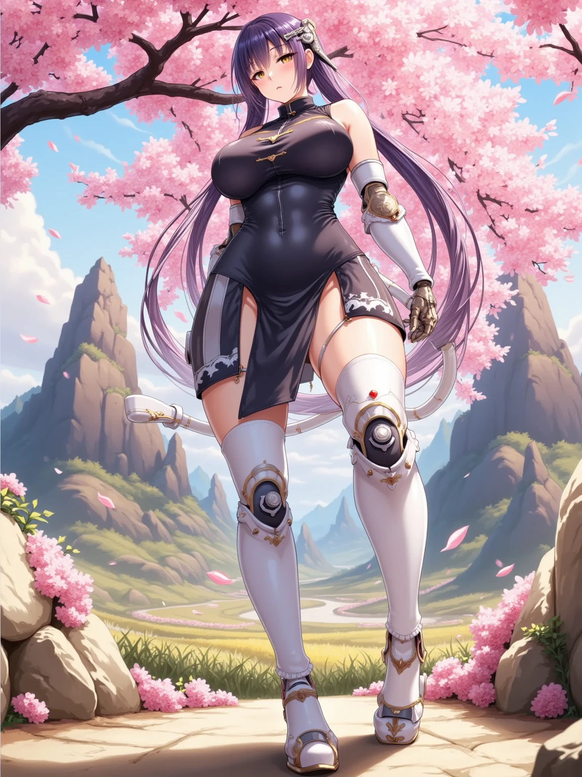 female cyber ninja, huge full moon background, sakura trees, sakura alley