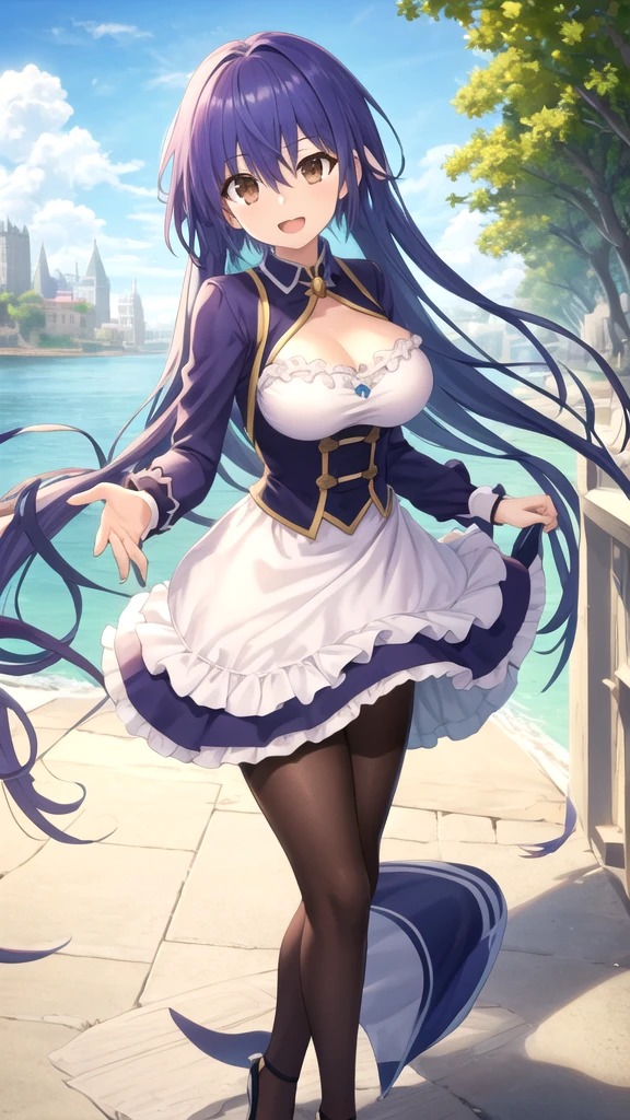 A white short-sleeved dress with a round collar and buttons in the front、White Skirt、Black ribbon at collar、Navy blue leather belt around the waist、Long straight purple hair down to her waist、Big red eyes、Small nose and mouth、Round face、Big Tits、anime、high quality、High resolution、The button is undone and her cleavage is visible、Moist eyes、Ahegao、Medieval European town