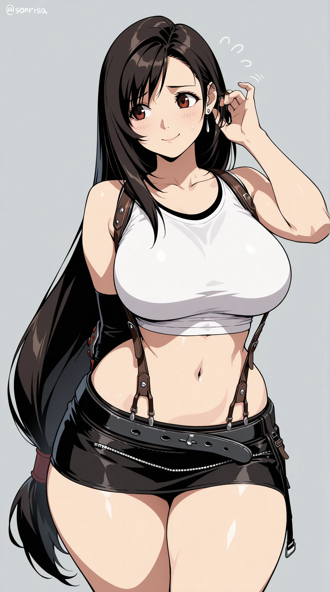 masterpiece, best quality, tifa_lockhart, 1girl, black_gloves, black_hair, breasts, crop_top, elbow_gloves, fingerless_gloves, gloves, grin, head_tilt, large_breasts, long_hair, looking_at_viewer, midriff, navel, one_eye_closed, red_eyes, simple_background, smile, solo, stomach, tank_top, upper_body, very_long_hair, white_background, white_tank_top