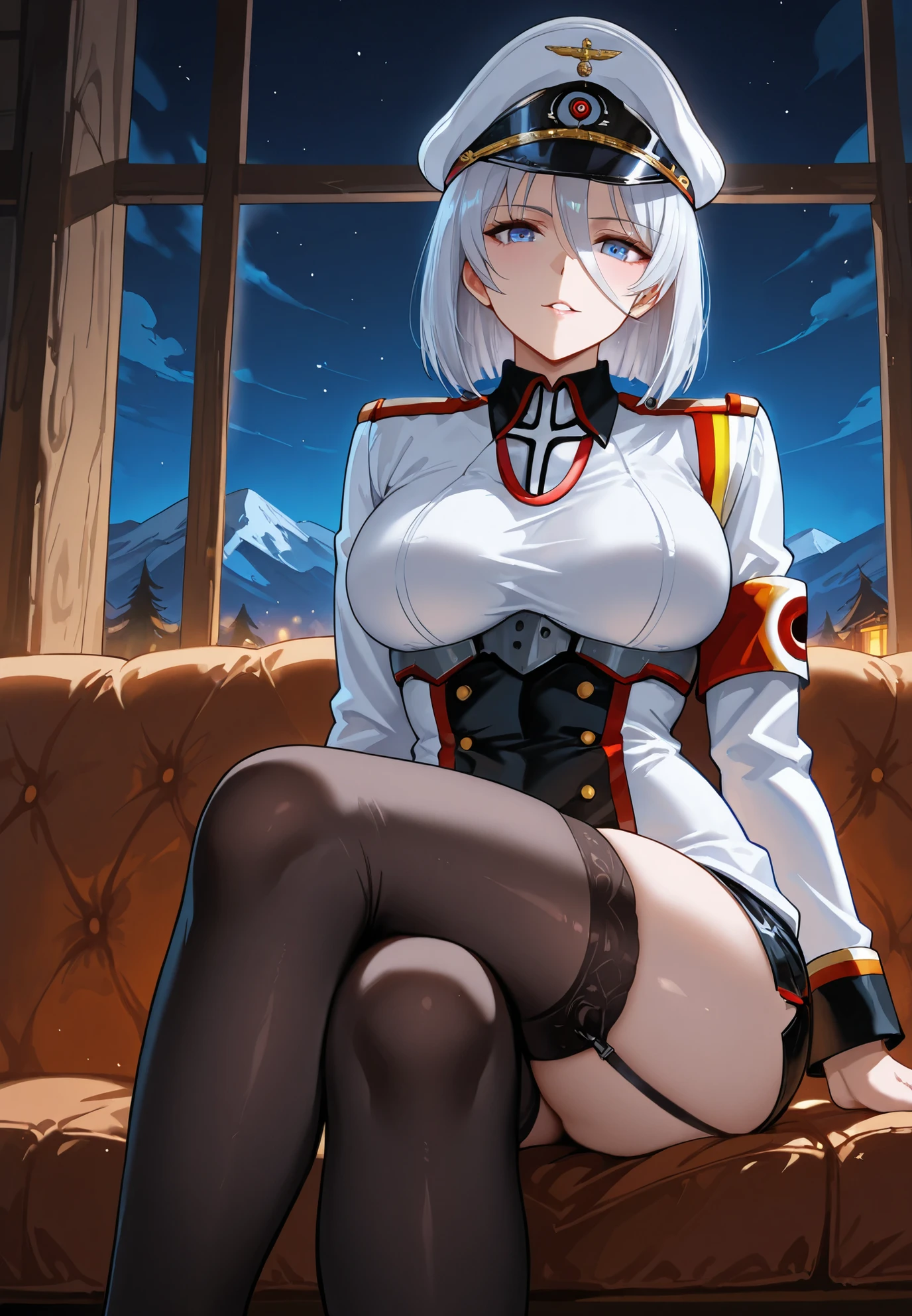 unzipped fly, solo, Lapland (Arknights), smile, white hair, loose hair, long hair, golden eyes, sitting on a lounge chair, legs spread, one leg up, bruises, scars, scratches, large breasts, expression of pleasure, smile, one black thigh, boots, belt, underwear lace transparent, scar through eye, hair clip, shadowed face, living room, nipples with piercings, location, beautiful scarlet pussy well-groomed