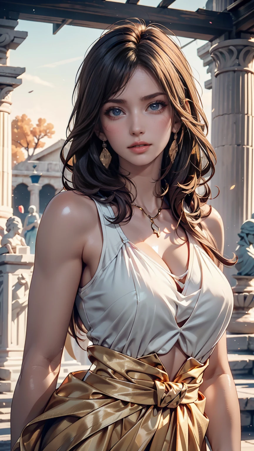 (Highest quality,Very detailed,High resolution,masterpiece,8K),Bright and vibrant colors,Official artwork,Greek white dress,Stylish makeup,Mid length, Shiny black hair fluttering in the wind,Captivating eyes,Glossy Lips,Beautiful woman with ample breasts,Beautiful neckline, (Pale blue eyes),Holding,Captivating smile,whole body,Solemn atmosphere,Old temple,flower,pigeon,,Detailed CG,