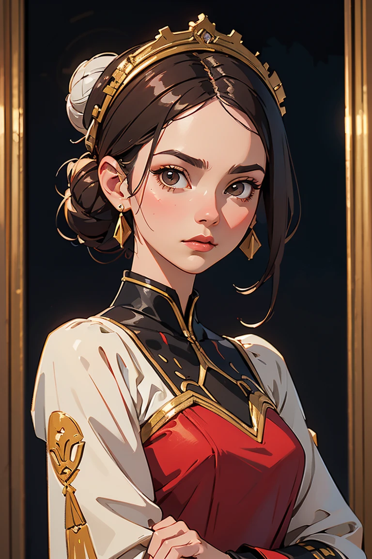 (masterpiece:1.2, best quality), (real picture, intricate details), 1lady, solo, upper body, casual, long hair, heavy makeup, white face, red lipstick, red eyeshadow, natural fabrics, close-up face, serious, warrior, female warrior, armour, short brown hair, green eyes, Suki (Avatar the Last Airbender), Suki, warrior, short hair.
