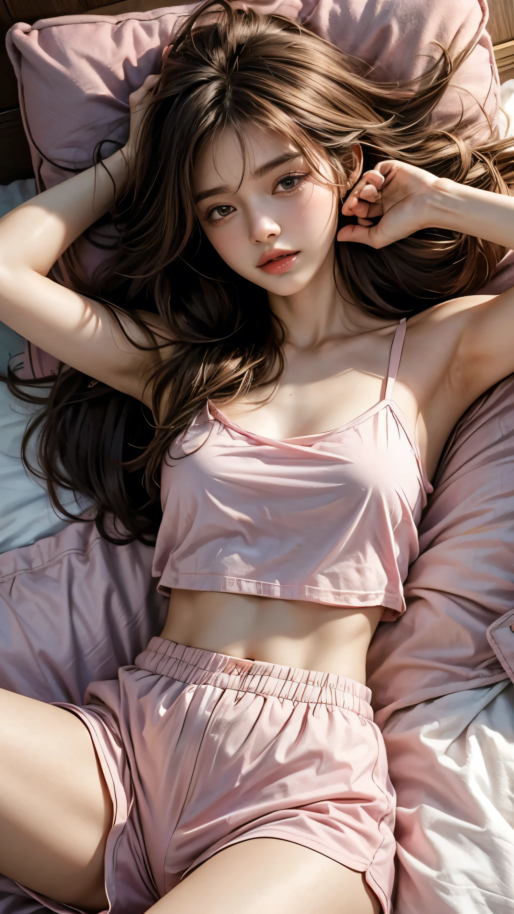 Sleeping girl, 22 years old, Realistic, She is wearing long pants, She is wearing pink pajamas, Brown Hair. camisole、Shorts