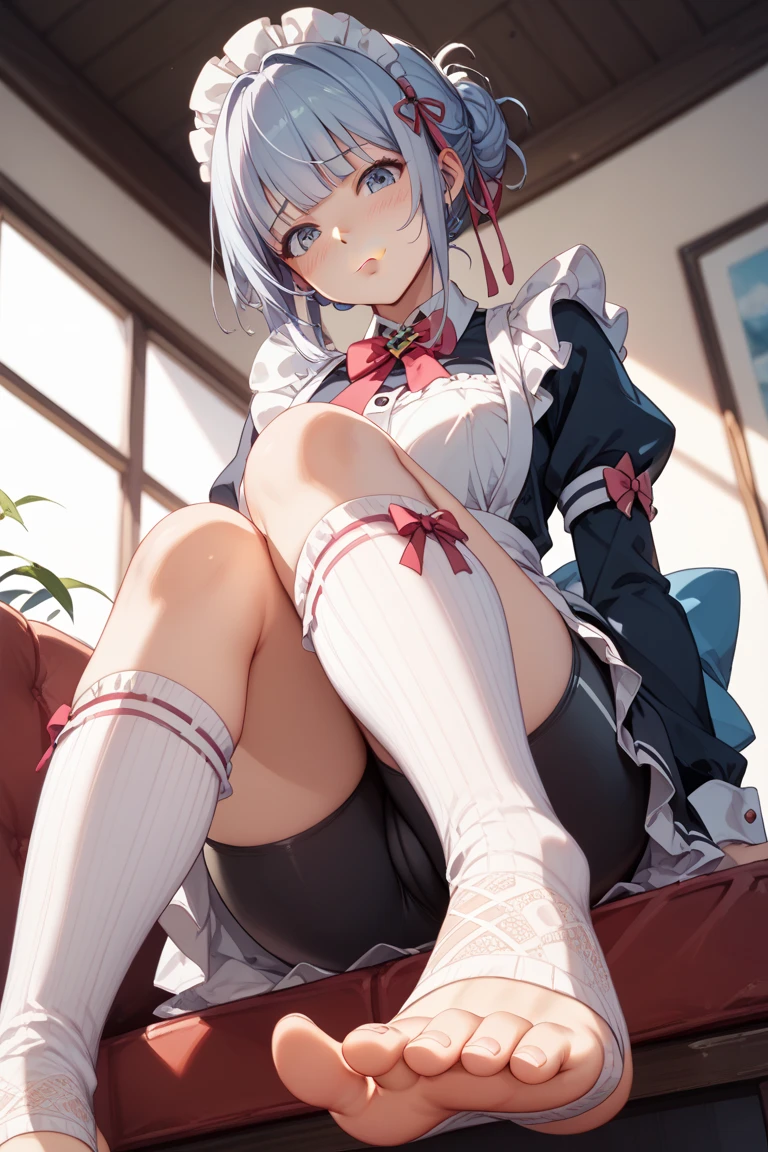 1girl,Solo,(barelegs:1.2),reclining,White hair,Transparent panties,Blue and red, swept bangs,straight-on,medium hair,big breast,masterpiece, best quality,very aesthetic,absurdres,(hair bow),(Low brightness),(frill dress lift),(red:1.5),(light smile),(bow:1.4),(pov crotch),(Cameltoe),(Toes),(shiny skin),(lolita fashion),pointing_down, From below,(standing),(wide)
