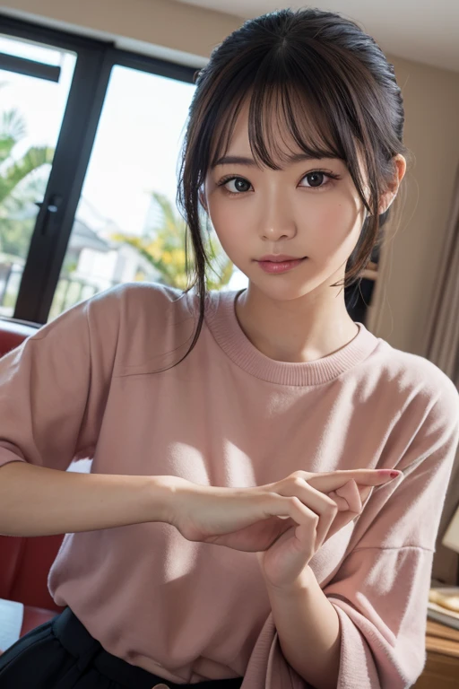 8K, details, Vertical portrait of a charming young Japanese lady making a peace sign, selfie style, high-definition, natural light, as if taken with a Canon camera,nude