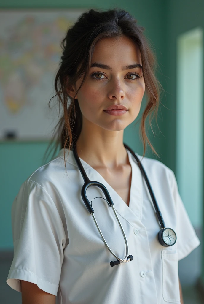 5. ((best quality)), ((masterpiece)), ((realistic)), portrait of a young nurse in a hospital, (compassionate expression and professionalism:1.2), [caring green eyes], [scrubs and medical equipment], (busy hospital environment:1.3), [healthcare setting], (highlighting the dedication to patient care:1.2), [occupational realism], (8k resolution:1.2)