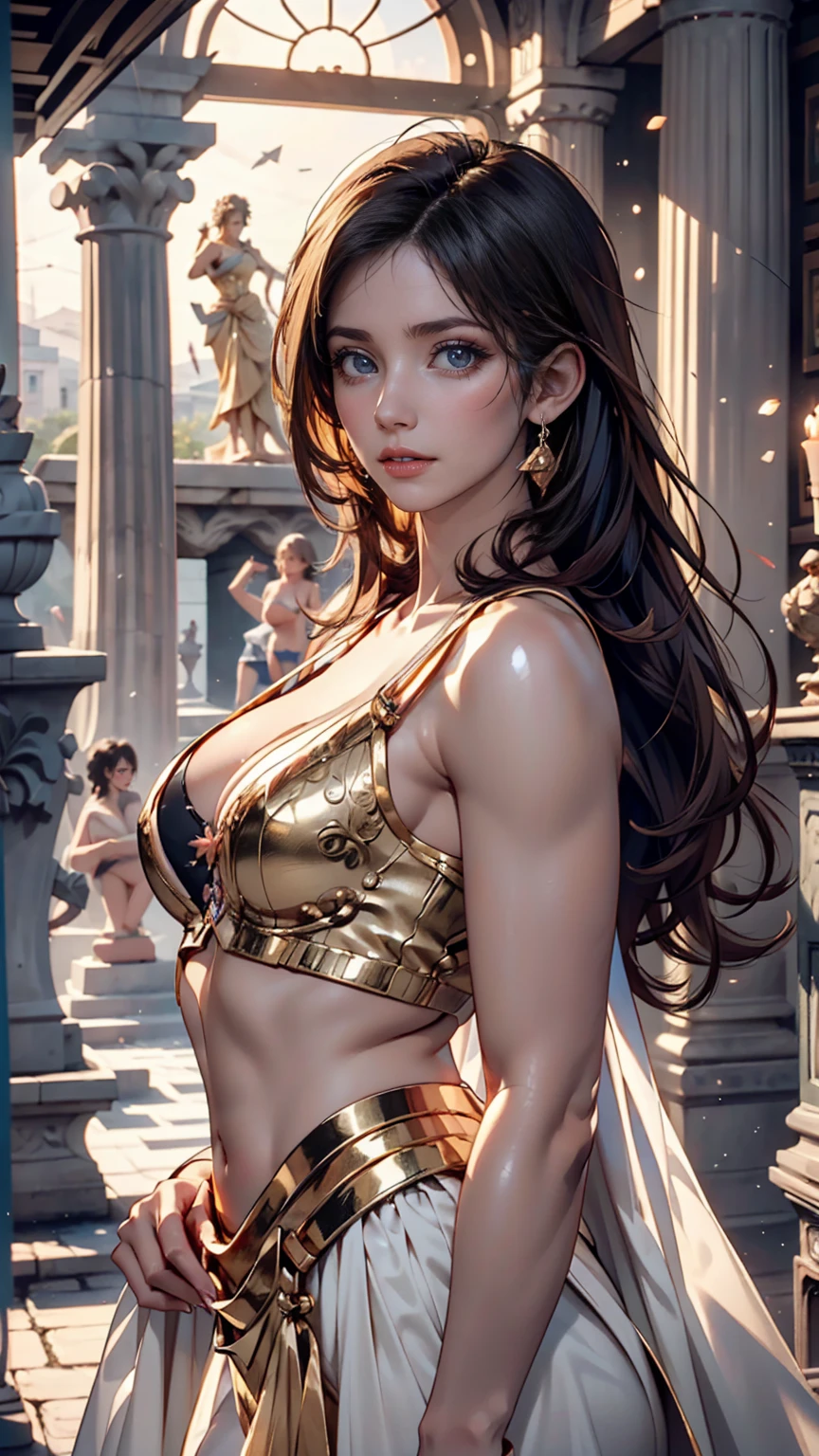 a beautiful and sensual dancer, confident, brown hair, very short skirt, detailed legs and thighs, extremely detailed face, beautiful detailed eyes, beautiful detailed lips, slim, (best quality,4k,8k,highres,masterpiece:1.2),ultra-detailed,(realistic,photorealistic,photo-realistic:1.37),portrait,cinematic lighting,warm colors,dramatic pose