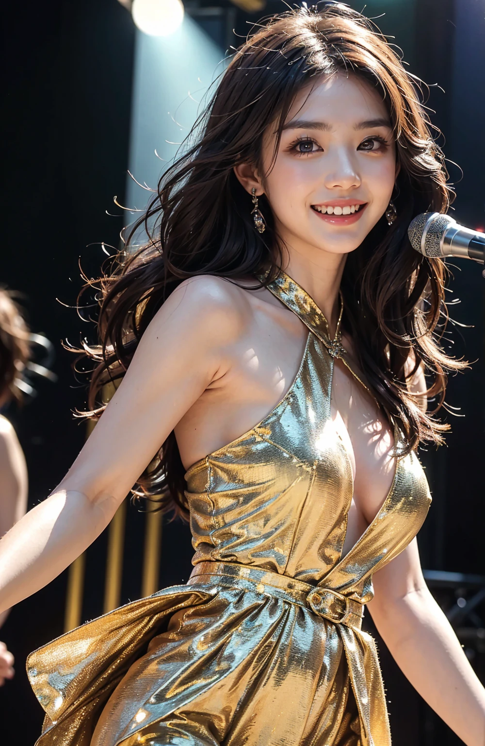 Morning Musume's Eri Kamei takes center stage, Basking in the glow of concert lights. She wears a shimmering gold costume, Reflects the grandeur of her idol status. The energy of a live concert lives in the background, Complete with dynamic lighting and atmospheric smoke effects. Her radiant smile, Show off her pristine white teeth, Contrasts beautifully with the dramatic setting. This image is、It should be a testament to the grandeur of idle performance, Render in ultra-realistic detail with a 16K camera.
--16 pieces:9-5 o'clock.1 --Style Raw --Q 2 --S 750