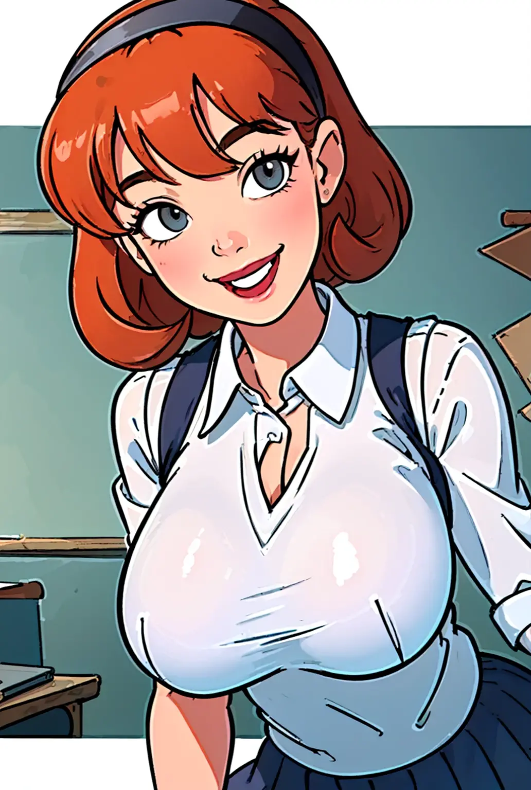 1girl, solo, Dee Dee, Dexter Lab, breasts, navel, thick thighs, animal ears, tie, hair, hallway bottom, very large breasts, rabbit ears, eyes, hair, thin line panties, open mouth, black tie, underwear, hallway bottom , ultra thick thighs, looking at the viewer, zipper, smile, arms on breasts, thighs, blush, crop_top, black_panties, heart, thick thighs, zipper_pull_tab, fake_animal_ears, long sleeves, cleavage, high legs