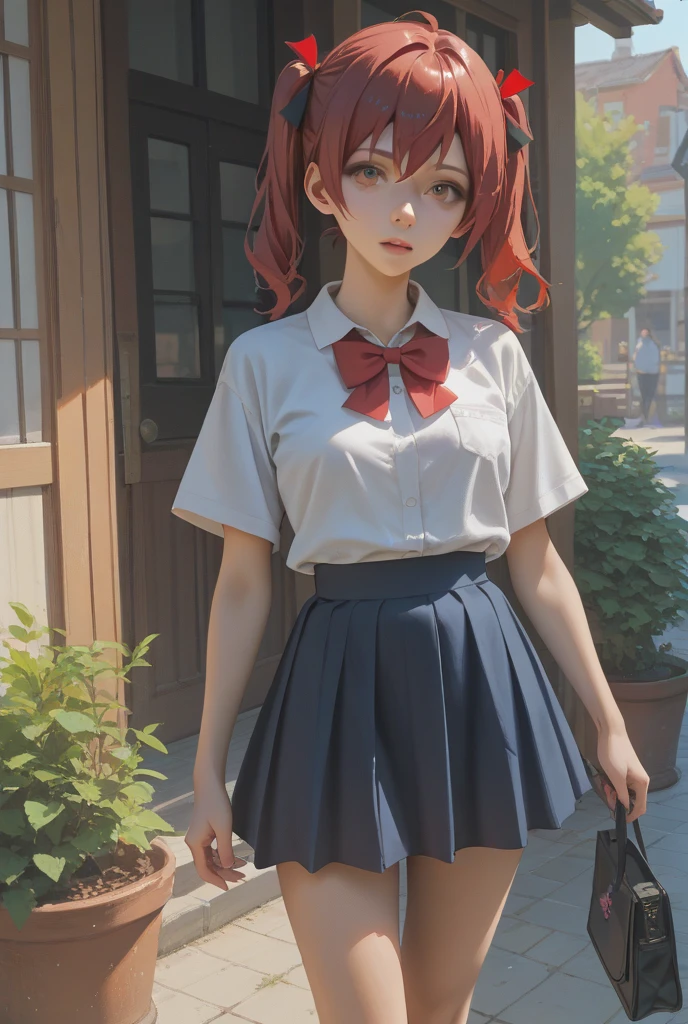 1 Beautiful Girl, Best Quality (8K), Face ((Japan persons) (Freckles) (Adult) (Highest quality quality) (8K))), Perfect body line (8 heads), Full body appearance (standing), Natural perm of red hair , Short bob hair, Big, High school girl sailor suit, 18 years old