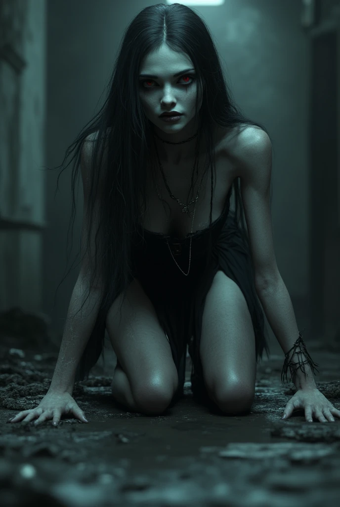 A haunting, ethereal undead woman stands in a dark, her body, hands are chained. Covered with chain, Her skin is pale, and her long hair, black robe, Her eyes glow faintly with an eerie blue light, and her long, disheveled hair hangs over her gaunt face. one hand, reaches out as if seeking something lost. The atmosphere is chilling, with fog swirling around her