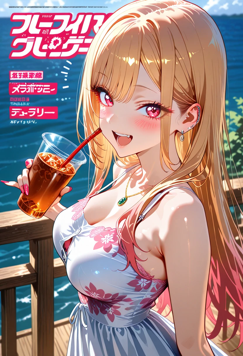 score_9,score_8_up,score_7_up,18 year old,1girl,asuna \(sao-alo\), sword art online,yuuki asuna,solo, brown eyes, brown hair, long hair, bangs, braid,sitting, holding cup,seductive-smile,blush,large breasts,brown hair,parted hair,long hair,red dress,halter dress,plunging neckline,center opening,cleavage,navel,earrings,bracelet,restaurant,