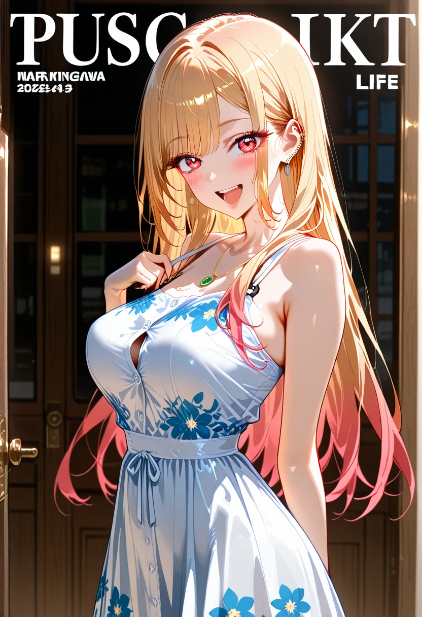 Absurd resolution, high resolution , high quality, (masterpiece:1.4), ultra-detailed ,super detailed skin, (((Solo))), 1girl in, Red Eyes, medium breasts, Long hair, a blond, Straight hair, Bangs, earrings, cleavage, (((White dress))), light smile, (sandy outdoor), (full body)