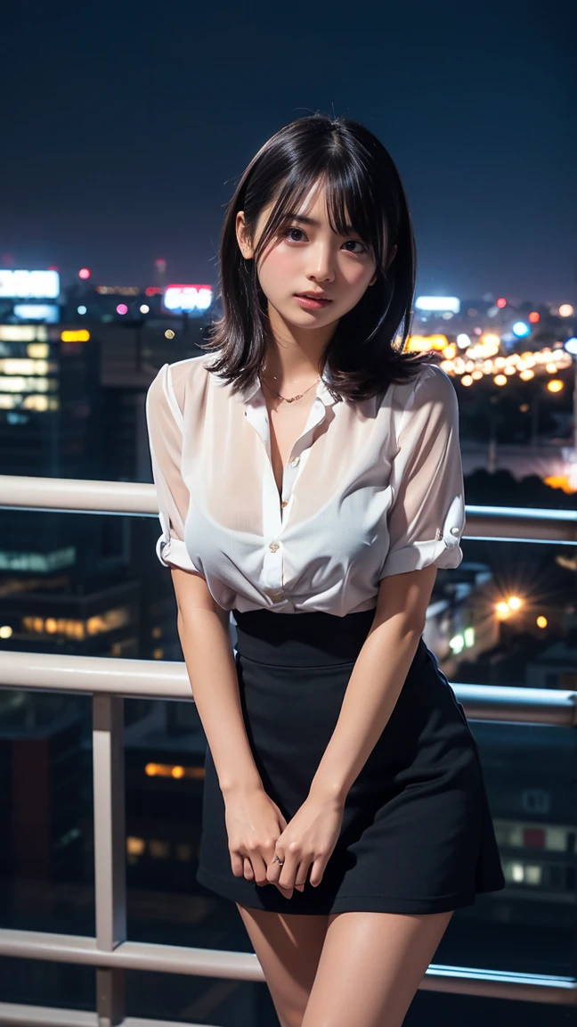 Photorealistic: 1.37), super detailed, girl single, cute, solo, beautiful detailed sky, café, sitting, date, smile, fine and beautiful eyes, (collared shirt: 1.1), night, wet, office clothes, white lace, (short hair: 1.2), Japan persons, mini skirt