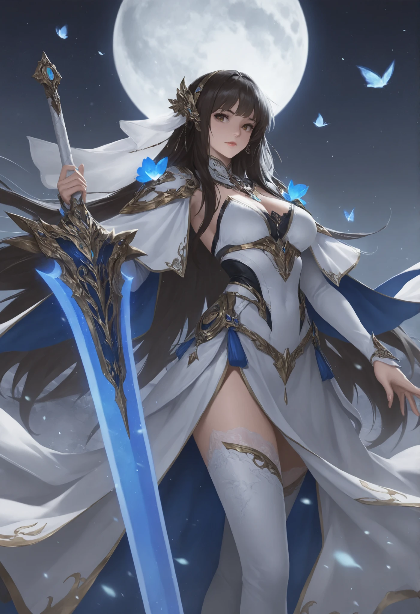 1girl,lunar_crusader, moondust_mail_glowing_crescents, silver_greatsword_reflecting_thousand_phases  
,masterpiece, best quality, newest, highres, absurdres,