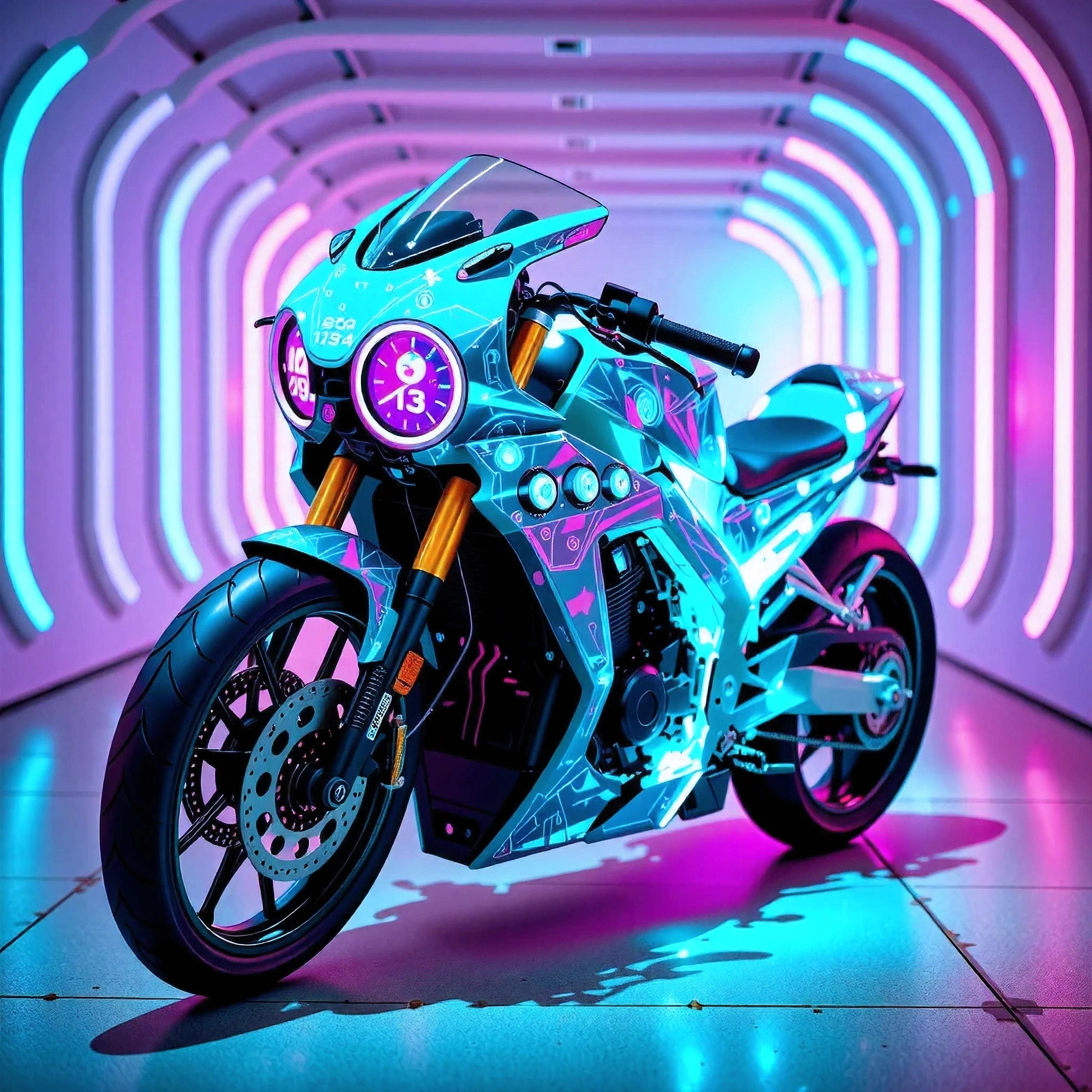 A futuristic sci-fi close-up of a semi-luminous, glass-like motorcycle filling the entire frame, its high-tech design captured in a dynamic cyberpunk setting. The bike’s frame is crafted from a translucent material with a polished, reflective surface, emitting a soft, glowing light in shades of teal and lavender that pulses rhythmically across the image. Light trails emanate from its edges, forming intricate, glowing patterns that span the frame, resembling a digital aurora and adding a sense of speed and energy. Through its semi-transparent design, holographic speed gauges and glowing circuits are faintly visible, shimmering with light and occupying every part of the screen. The background is a subtle, neon-lit tunnel with glowing walls, ensuring the bike’s futuristic design and radiant glow dominate the entire scene.

