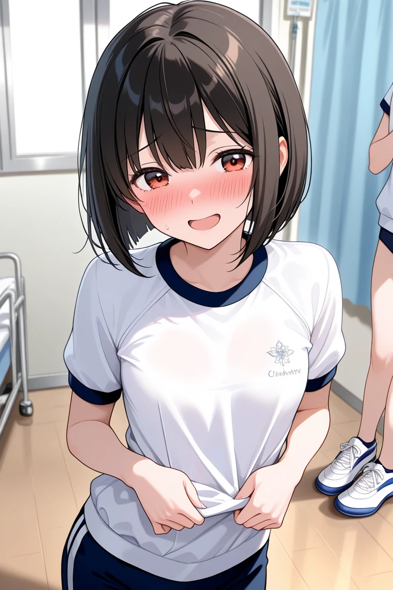 Highest quality,masterpiece,indoor,supermarket,Highest quality, (masterpiece:1.2), Very detailed, (masterpiece), (illustration),Are standing, (face focus),((upper body)), 1 Girl, Red eyes, Shine目,Long twin tails, brown hair, bangs, Shine, eyebrows visible through hair,((Plain white T-shirt)),((Plain blue skirt)), Flat Chest,shy, blush, (looking at viewer), Open your mouth,((shirt lift)),White sports bra, 1boy,hetero,Standing behind a woman,Massage the breasts,