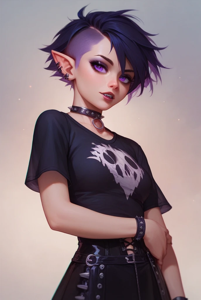 score_9, score_8_up, score_7_up, score_6_up, score_5_up, score_4_up, highest_quality, masterpiece, 1boy, feminine boy, girly boy, pointy ears, black hair, blue eyes, short spiky hair, bangs in front, goth, black lipstick, black v-neck shirt, midriff visible, skull logo on shirt, denim shorts, underbutt, black thigh high socks, D-cup breasts, in dense forest, night time, full moon, foggy, high rise thong, lace thong, werewolf in distance, parted lips, black choker, sleeve tattoos, absolute territory, one hand on ass, one hand above head