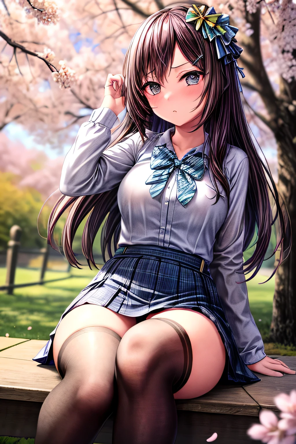 girl, cherry blossom petals dance, spring, cherry tree, sit on the bench, Japan, (springの私服), white blouse and denim skirt, ((Dull bangs, Straight to the forehead, princess cut)), Beautiful shiny thighs, about, black tights under a skirt, big eyes with highlights