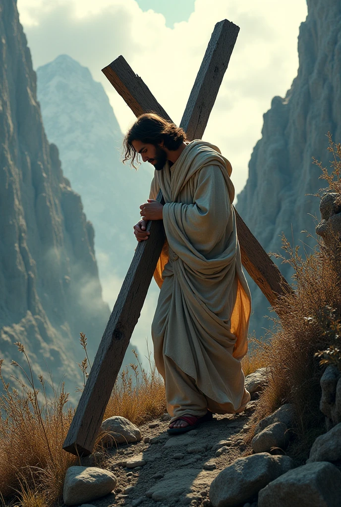 Visualize a respectful depiction of Jesus Christ on the cross, where the scene evokes a sense of deep reverence and contemplation. Capturando a serenidade do momento, destaque a figura de Jesus em meio a uma atmosfera de luz suave, symbolizing the redemption and hope that his crucifixion represents for millions of people around the world."