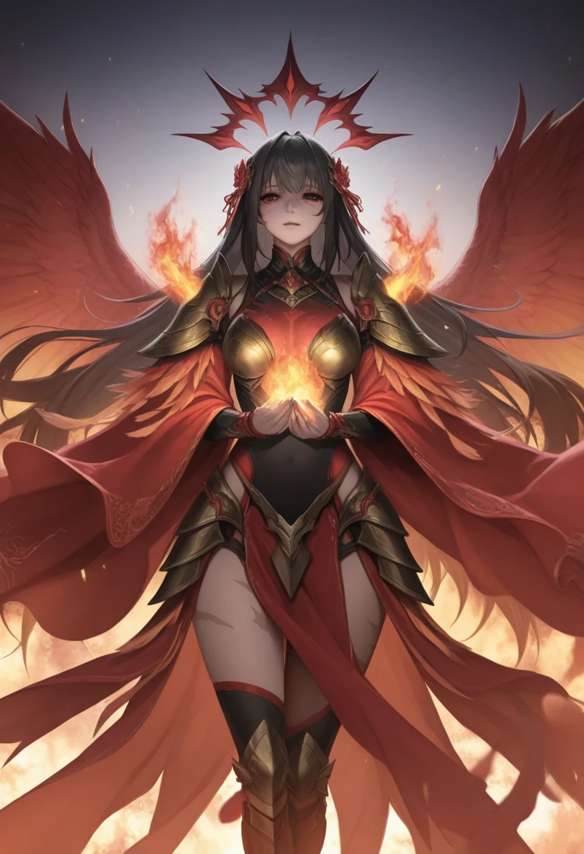 Masterpiece, 1girl, armor, bangs, black hair, blue eyes, blue sky, boots, breasts, cleavage, closed mouth, cloud, covered navel, day, dress, earrings, feathered wings, fingerless gloves, full body, gloves, jewelry, perfect breasts, looking at viewer, mountain, multicolored hair, outdoors, pauldrons, pelvic curtain, red dress, red footwear, red thighhighs, shoulder armor, sky, smile, solo, thigh boots, thighhighs, wings, Granblue Fantasy style