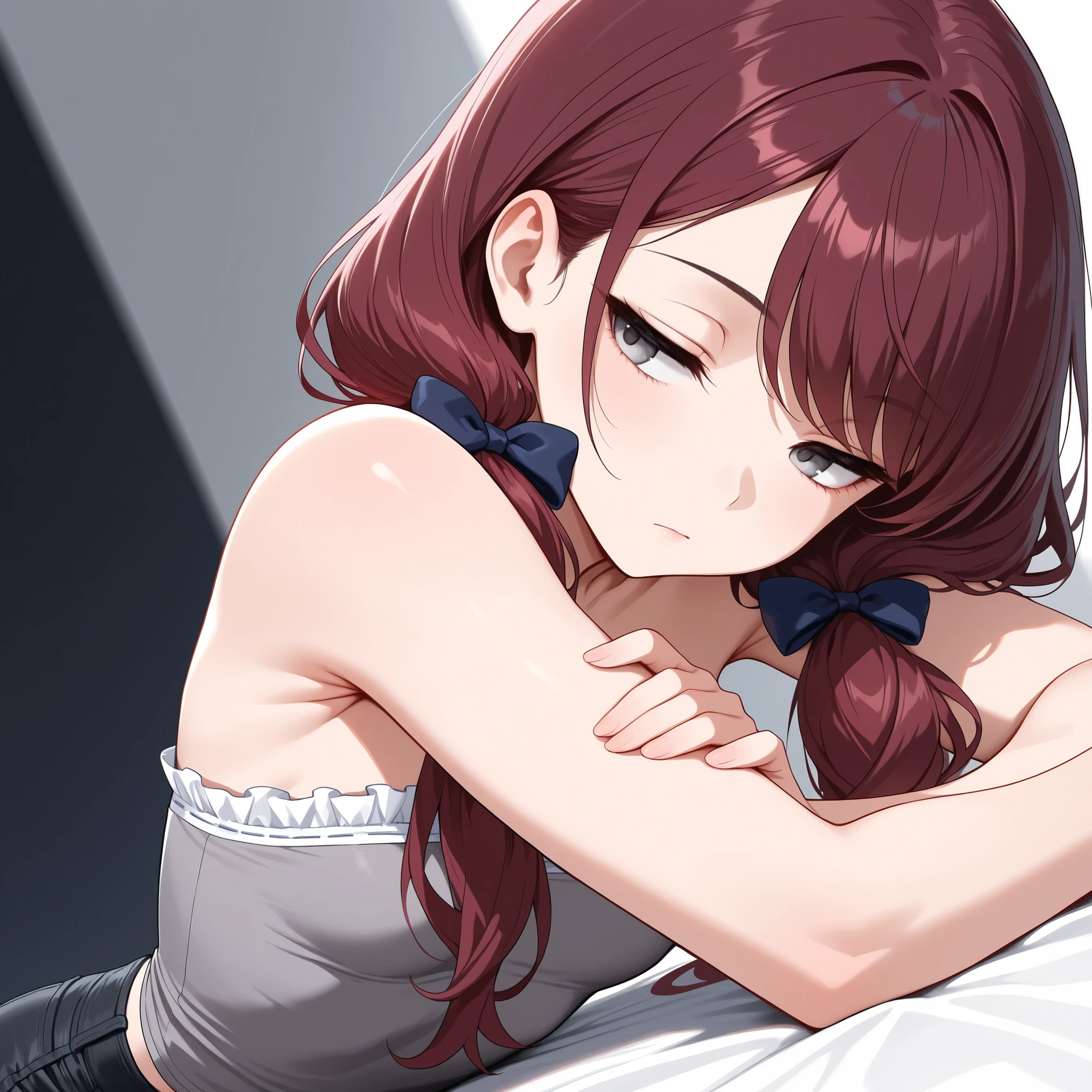 (masterpiece, best quality), solo, intricate details, JK, 1 expressionless girl, looking to the side, hand on own arm, beautiful face, Gray eyes, Dark red hair, long swept bangs, long hair in low twin tails, hair bows, strapless sleeveless shirt, gray shirt, shirt with white trim, white frill trim, black jeans, small breasts, slightly toned arms, close up, portrait, resting head on own shoulder, half open eyes,