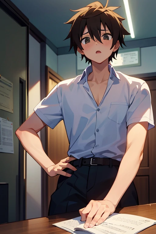 masterpiece male Kneel Raised arms Embarrassing Black Hair suffer unfortunate Upper body naked The body is slim thin Because I lost weight Juvenile body shape My clothes were torn