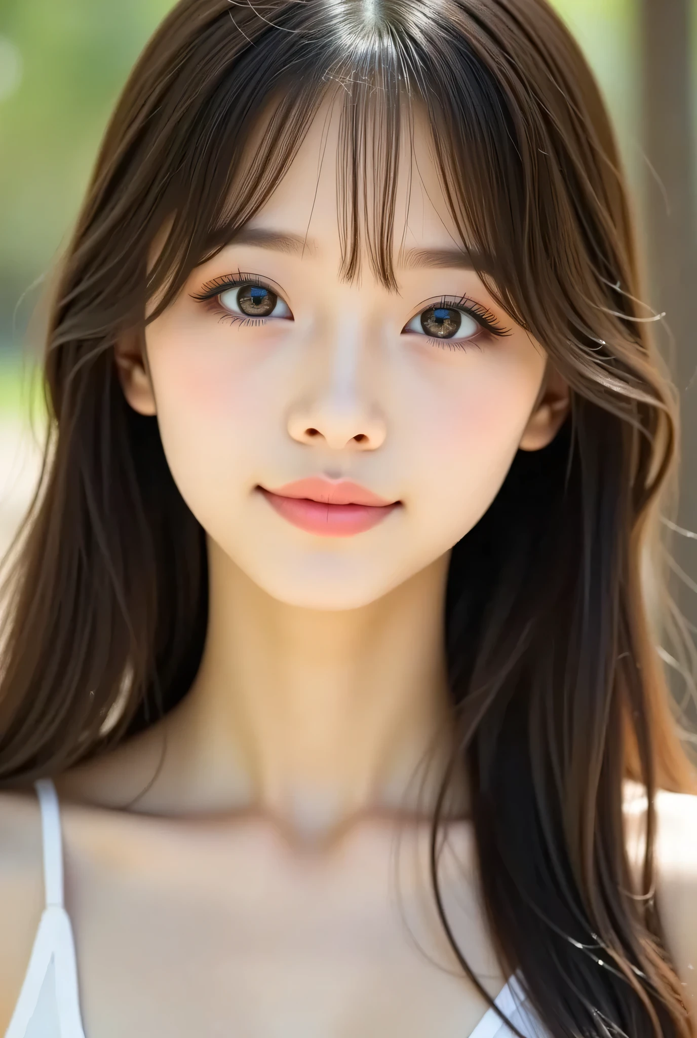 masterpiece , high quality, Super Details, super high image quality, 8k,16k,32K, 最high quality , Detailed Faces, Fine brown eyes, beautiful god dead face ,18 year old girl,cute face, まっすぐな長い姫カットの黒髪とぱっつんbungs, straight hair ,bungs ,Half Smile , Outdoors,viewer