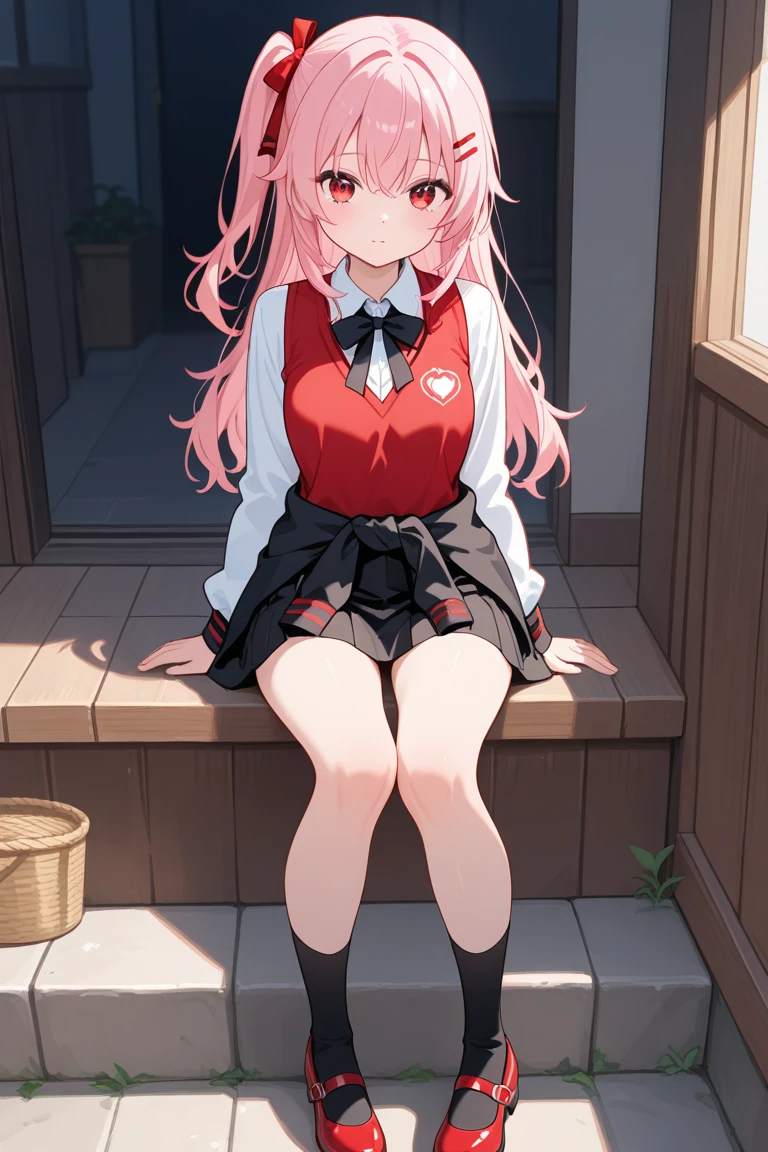 Frontal focus, 1girl, blushing, showing a shy expression, wearing red panties, wearing red underwear, squatting on the ground, thighs open to reveal red panties, tightened by panties, bag, bangs, berries, white hair, high ponytail, blue eyes, hair between the eyes, jewelry, leaves, looking at the audience, female focus, necklace, solo, watch, watch, messy hair, trending on artstation, 8k resolution, very detailed, anatomically correct, clear image, digital painting, concept art, fashion trends on pixiv, Makoto Shinkai's style,