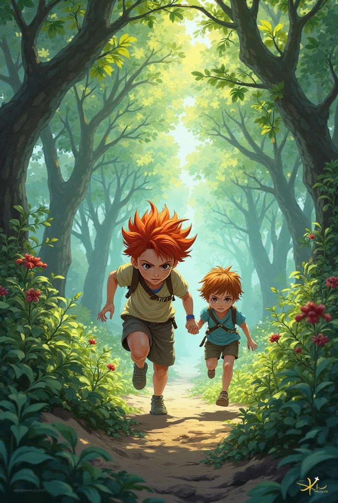 a small sized boy, red haired, sharp teeth and backward facing feet. Running after a shirtless and desperate hunter inside the forest