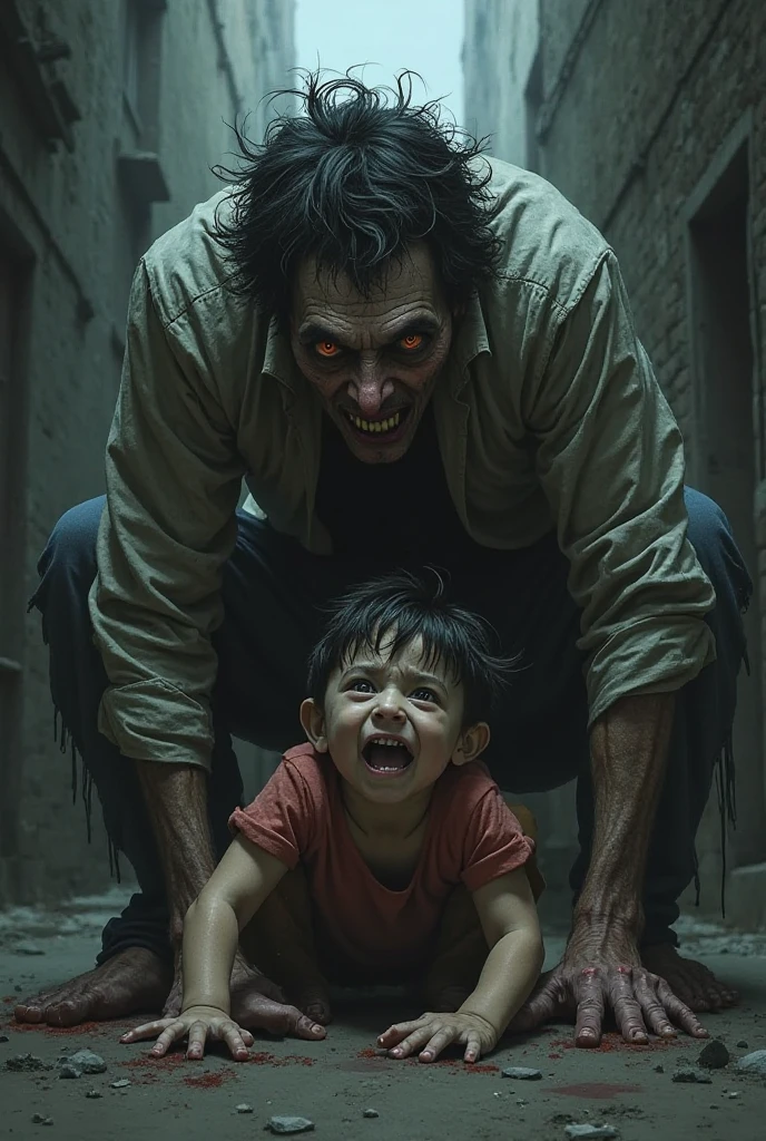 A psycho killer is murdering a child stabbing on head and chest with knife,his eyes is plucked out by him he is eating his heart with his right hand and stabbing boy by left hang ,in his face there is a evil smile ,around him everything is deep red like blood ,there is blood in floor and in the clothes of psycho there is stain of blood ,make killer look creepy