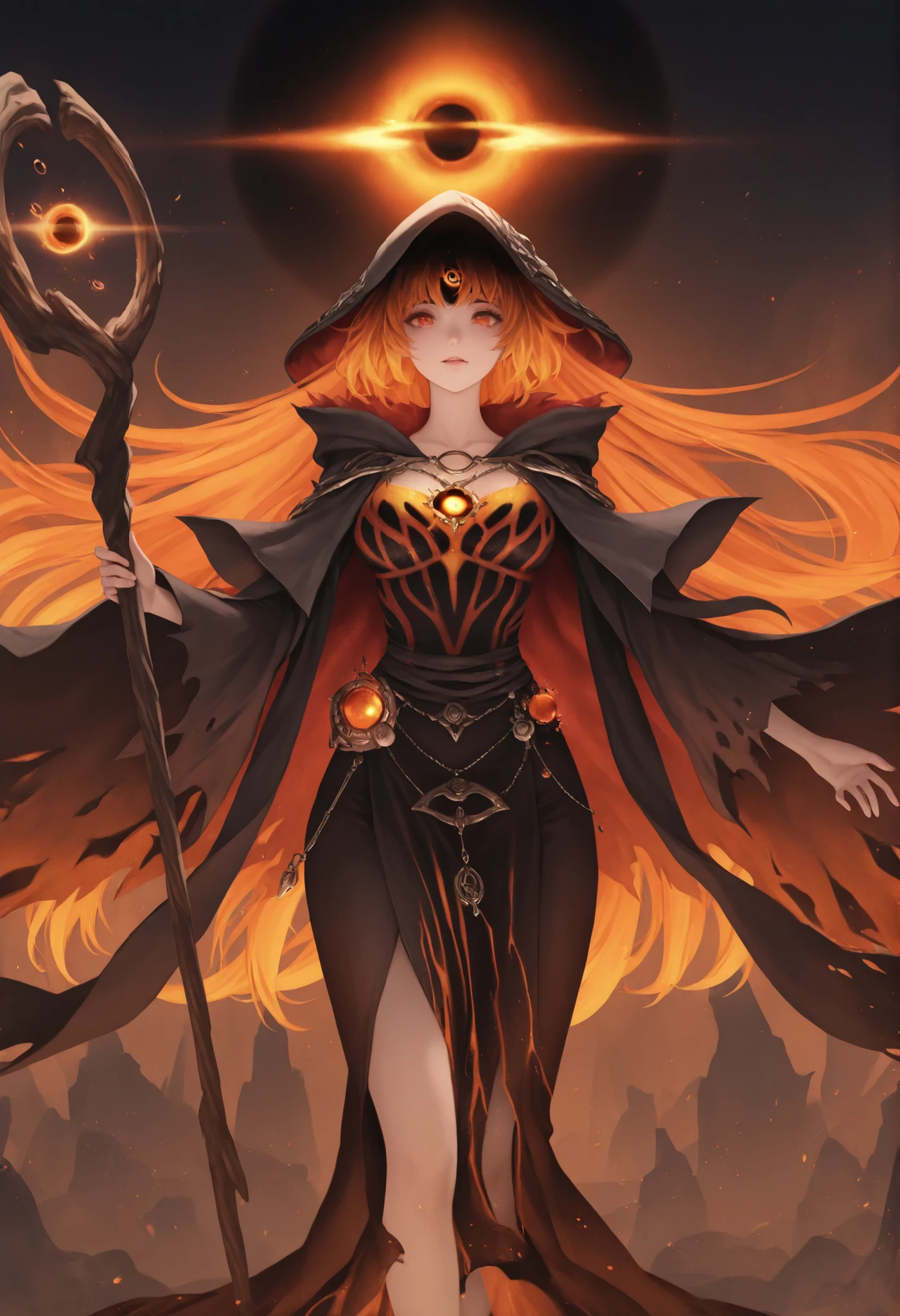 1girl,voidscale_sorcerer, blackhole_jewel_embedded_in_chest, cloak_of_swallowed_light, staff_cracking_gravity_wells  
,masterpiece, best quality, newest, highres, absurdres,