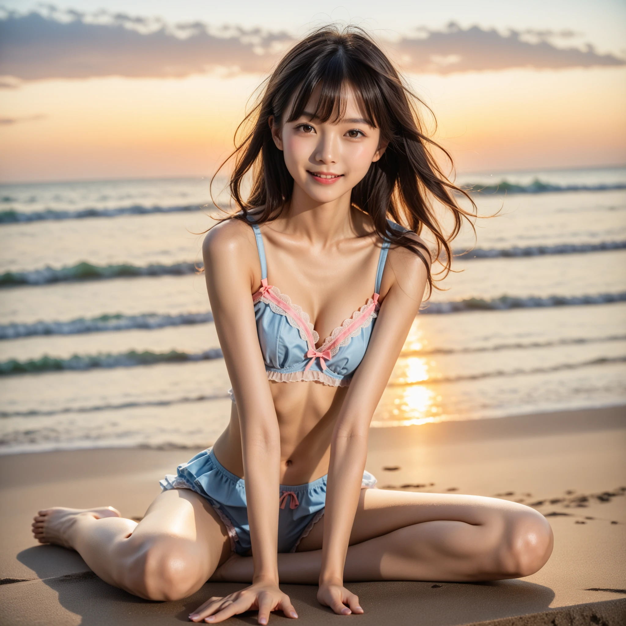 girl, Goblins, Big smile of joy，beautiful and moving，(((Flat Chest))),Do a dynamic dance、Thin arms、Tight waist、Slender upper body、Thin thighs、Slim lower body、Short Pigtails、(((Pink Hair)))、Tropical sandy beaches、Dazzling Smile、Navy blue micro bikini、Jeweled Beach Sandals
