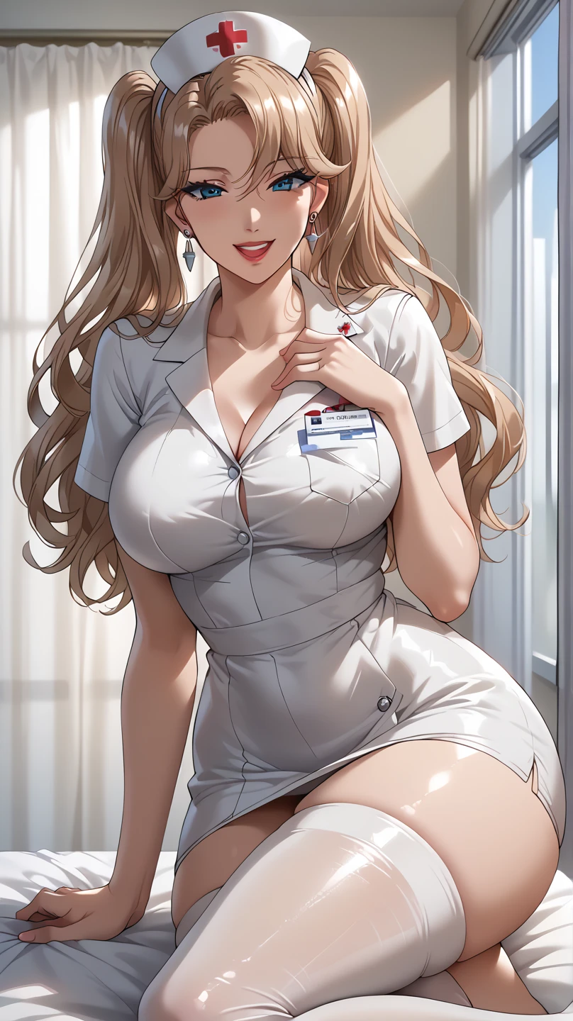 ((masterpiece)),(((best quality))), ((rough sketch)), ((vulgar)), thick thighs,1girl, blond hair, curvy, wearing a sexy white nurse uniform and nurse cap, white skirt, SFW