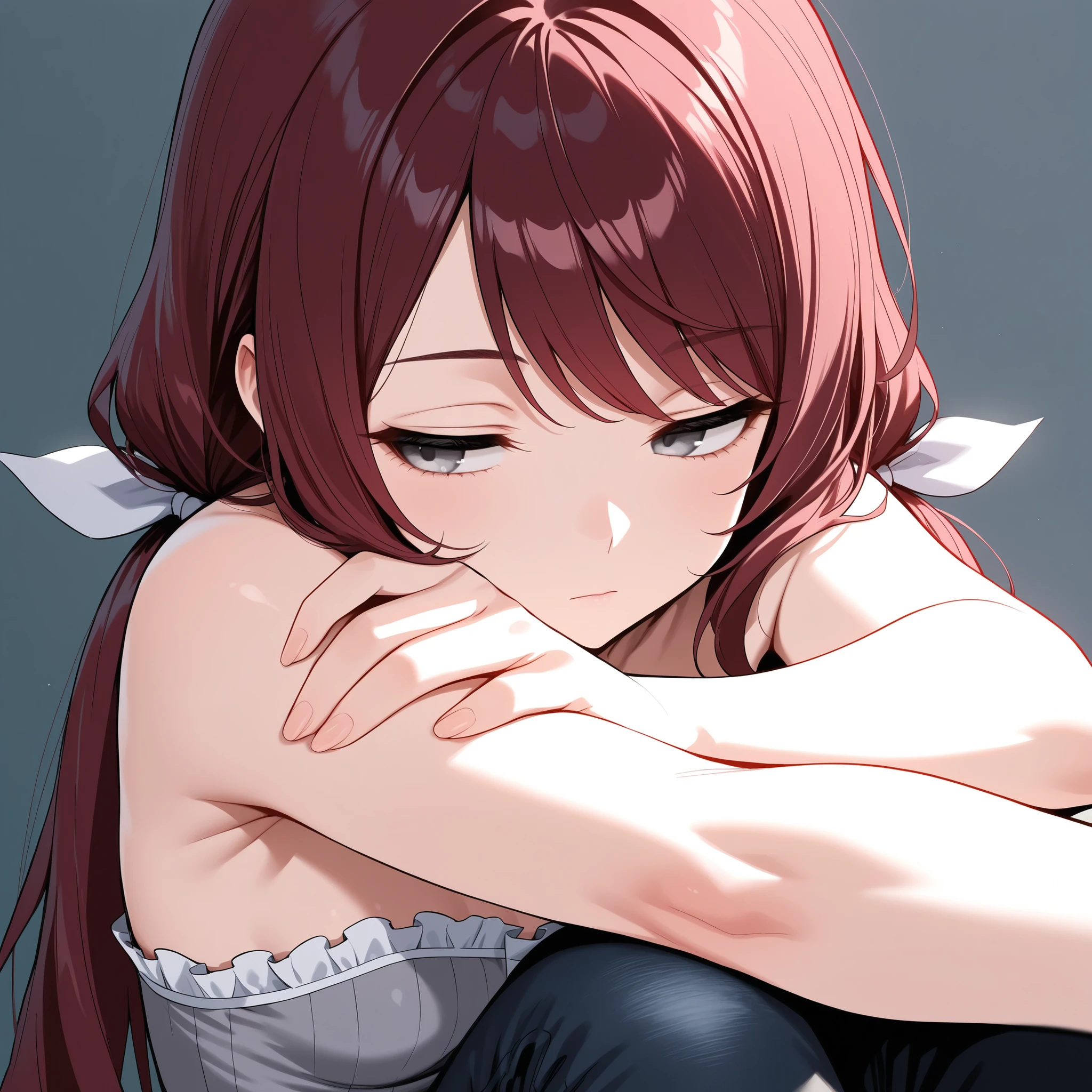 (masterpiece, best quality), solo, intricate details, JK, 1 expressionless girl, looking to the side, hand on own arm, beautiful face, Gray eyes, Dark red hair, long swept bangs, long hair in low twin tails, hair bows, strapless sleeveless shirt, gray shirt, shirt with white trim, white frill trim, black jeans, small breasts, slightly toned arms, close up, portrait, resting head on own shoulder, half open eyes,