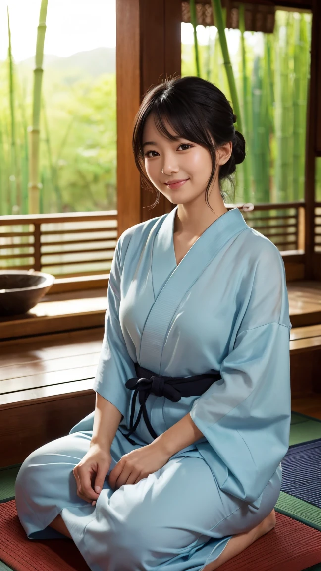 Foto hiperrealista en primer plano de Kim Ji-soo from Korea, masterpiece, best quality, (photorealistic:1.4), full body, blue Korean kimono, kneels on a mat in a Korean teahouse, cinematic light, beautiful woman, skinny, black long hair, detailed face, smile, facing the camera, photo taken from a distance, age of 25 years old