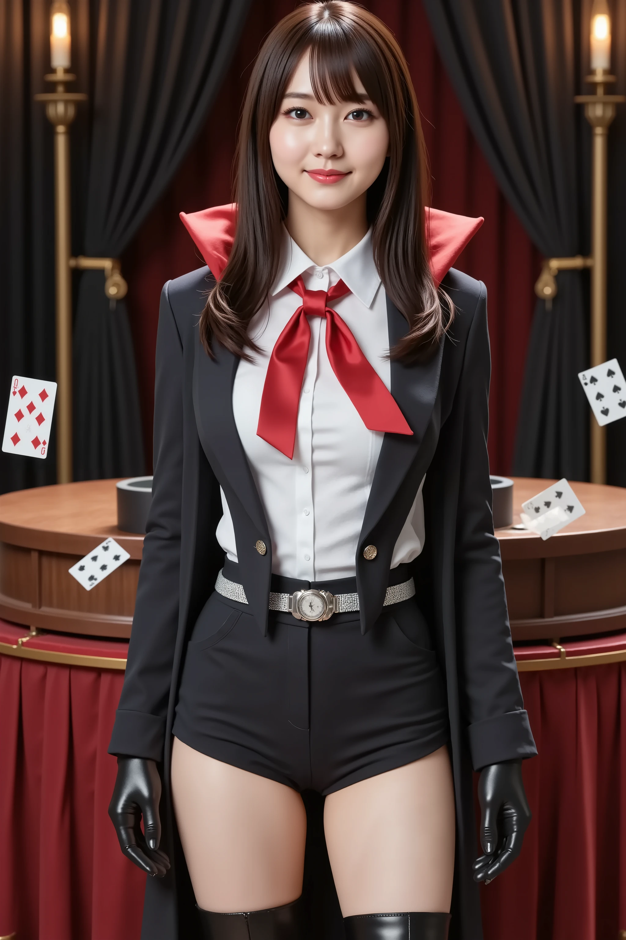 firm breast, ultra-high-resolution 8K CG illustration of a Japanese woman portrayed in a magician-themed portrait. She is standing confidently in front of a wooden table covered in red felt. A deck of standard playing cards is scattered across the tabletop, some mid-air, suggesting motion. Her entire head is fully included in the frame, positioned at the exact center both vertically and horizontally. She has defined, symmetrical facial features, pale skin, almond-shaped dark brown eyes, trimmed straight bangs, and long black hair that flows over her shoulders and chest. Her expression is calm, with a small closed-mouth smile. She wears a black tailored magician jacket with structured shoulders, red satin lining, and silver buttons. Underneath is a fitted white dress shirt, fully buttoned, with a red bow tie at the collar. Her chest is emphasized beneath the fabric, clearly shaped through the tight tailoring. She wears high-waisted black shorts with a silver belt and glossy black thigh-high boots with low heels. A short black cape with red lining hangs from her shoulders. A black top hat sits on the table beside the cards. She has on thin black gloves. Her arms hang naturally by her sides in a relaxed standing posture. A silver pocket watch is clipped to her waistband. Her visible anatomy includes a realistically drawn penis between her legs, integrated with accurate texture and consistent lighting. The background is a magician’s stage: black curtains with gold trim, vertical stage lights along each side, and a red spotlight above. Dust particles are visible in the beam. The lighting is angled from above and slightly to the front, casting controlled shadows and defining surface contours. The entire image uses Unity-style rendering with crisp edges, texture mapping on fabric, skin, and metallic elements. The composition is symmetrical and stable, designed as a full 8K portrait, focused on the subject and props within the magician’s setting.