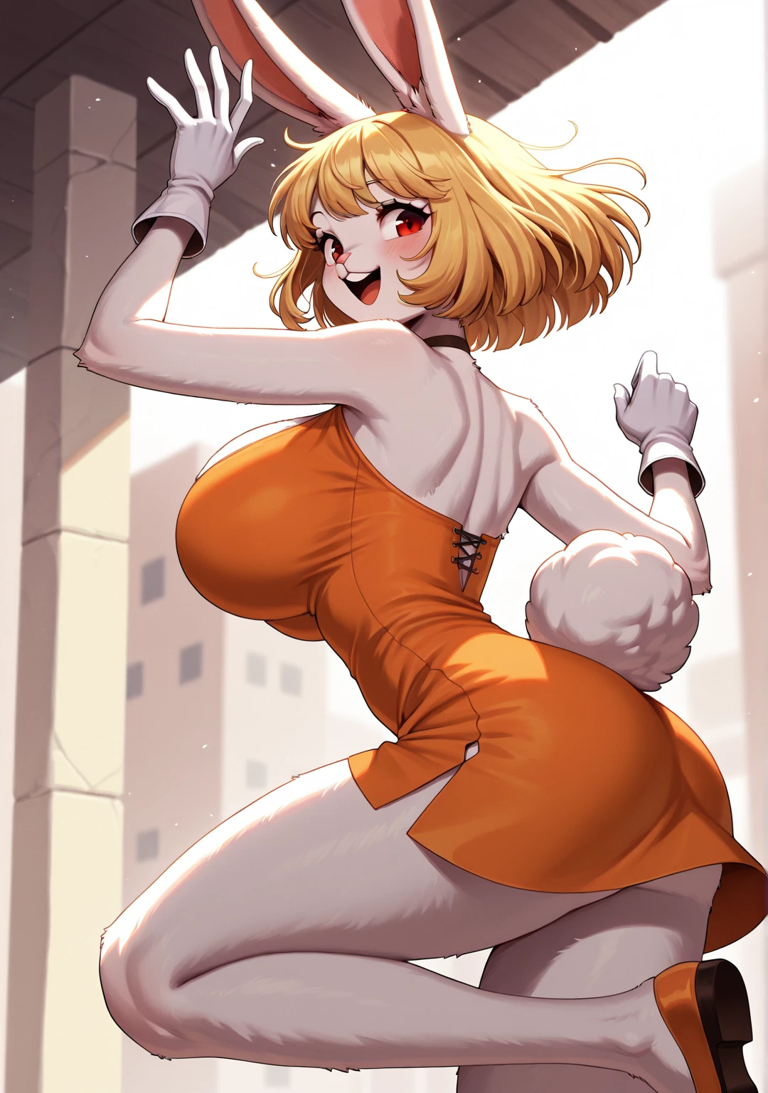 Girl, short blonde hair, red eyes, taxi driver hat, bunny ears, bunny tail, orange dress, big breasts, exposed stomach, orange shorts,