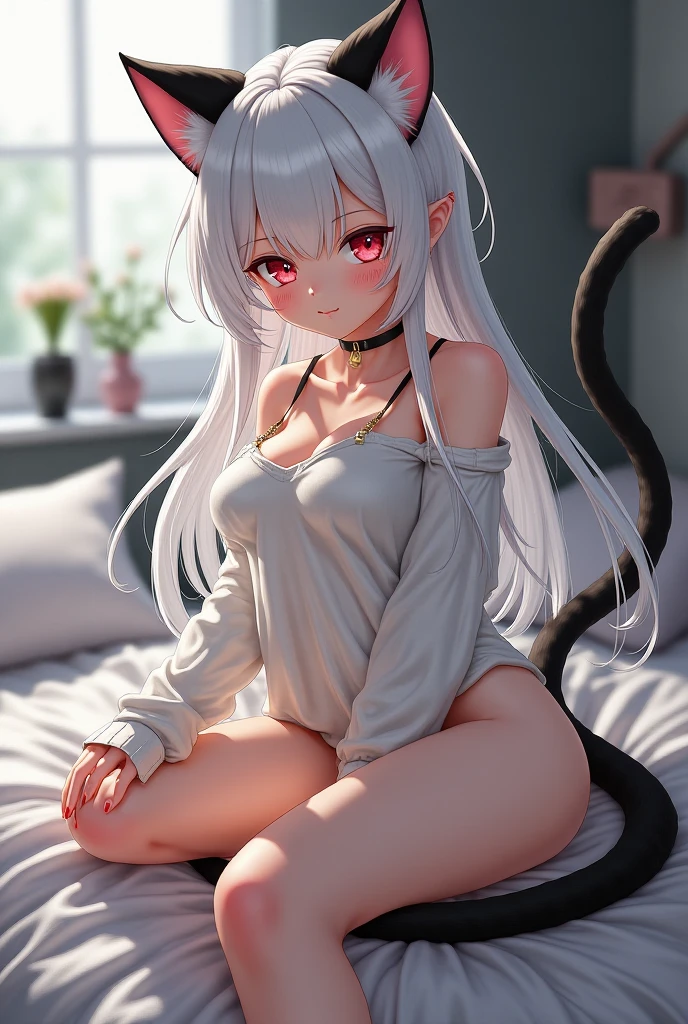 masterpiece、top-quality、1girl in。(bathrobe:1.2), white hair,Red Eyes,(mare:0.8), (Fantastical:0.7), (A smile:0.8),fox ear,salon,wear bra, wear dress , wet clothes,wet hanging,salon, perfect body, perfect breast,((blush on: 1.2)),((fox-tails:1)), perfect big fox-tails, crop top, white legwear,hair bobbles, tights, recumbent on the bed, hot, top view, girl below, looking up, Wear dress, white suit,((wet:1.3)), neckline, navel, t-shirt, ((bra)), clothes lift, tights, perfect face