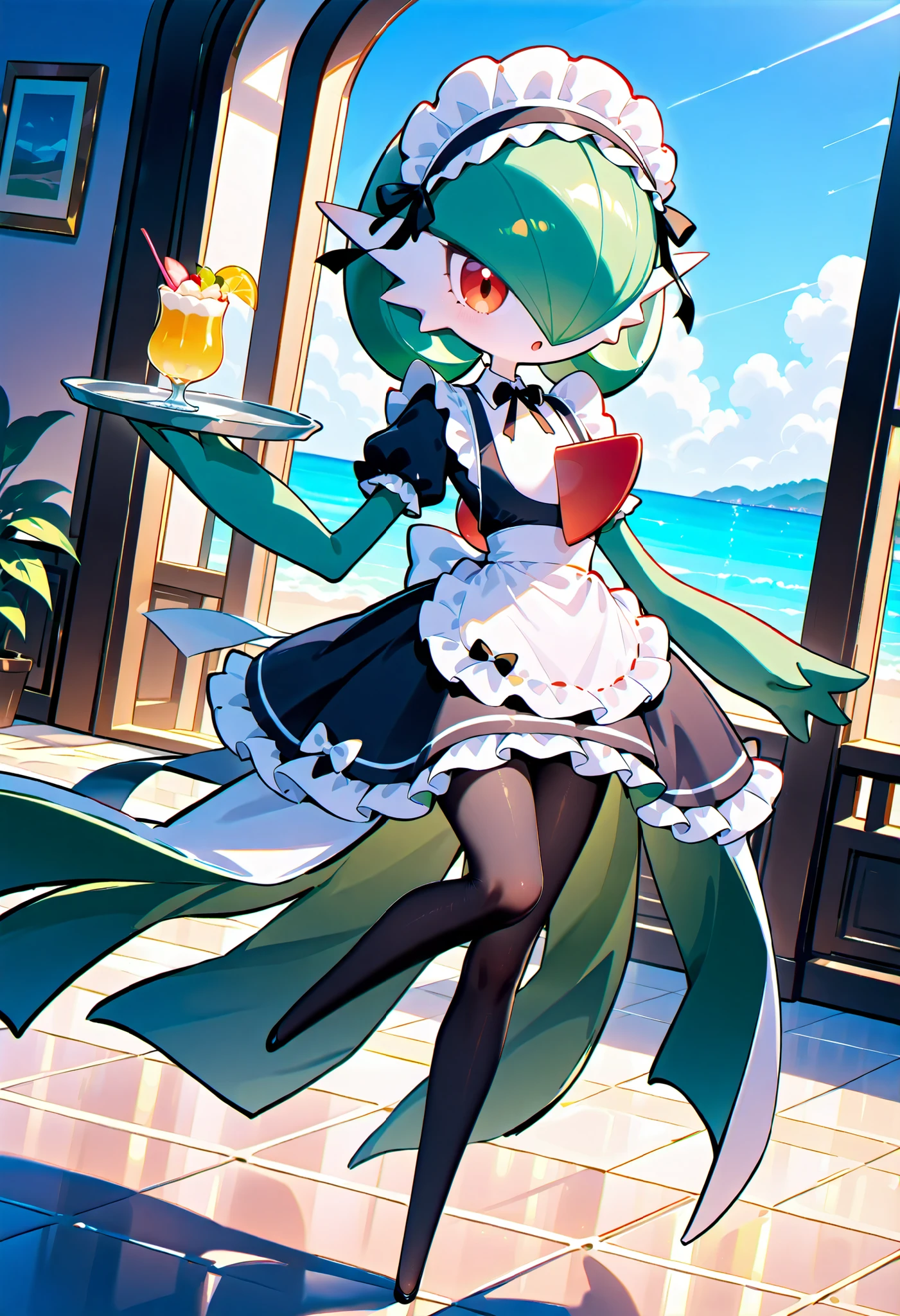 gardevoir, green_hair, green_skin, hair_over_one_eye,maid clothes。headdresses on the beach。The location is a mansion。Tile floor。black tights。 one leg raised。stand on one leg。silver tray