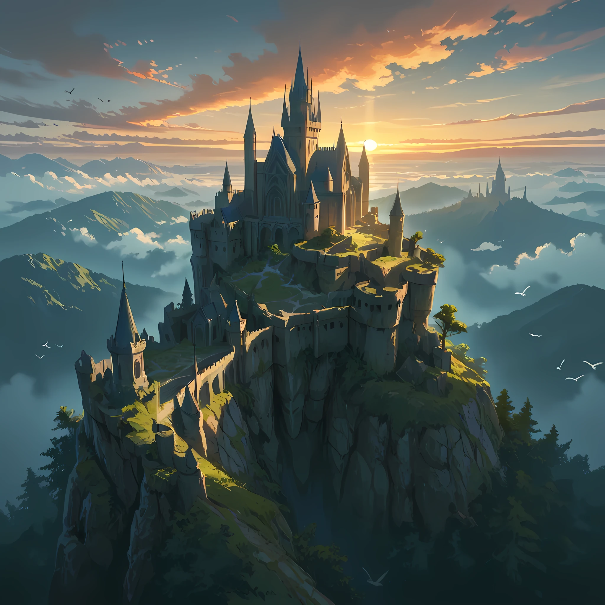 ((large castle with five towers, castle with trapdoors, tall wooden gates, gray colored castle with aged moss on the bottom of its structure, different colored trees surrounding the castle):1.0), ((twilight sky, birds flying in the sky):1.0) | ((best image quality, best shading, best color balance, lighting balance, best sharpness, masterpiece, full HD, epic fantasy art, semi-realistic art, incredibly detailed scenery)), (front angle, castle seen up close).