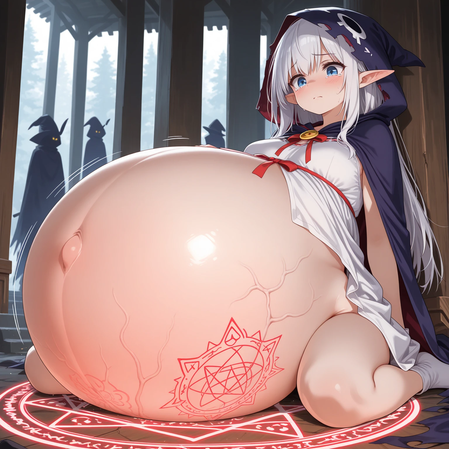 nsfw, masterpiece, extra limbs, 1goddess , age fifties woman 2600 years old, ((white absurdly long hair blunt bangs hime cut pubic hair)),(((tareme rose eyes))), large breasts large areolas fat body beautiful breasts, (((happy))), squatting,open legs,arms behind head,pregnant,pale skin,raven wings,japanese shrine miko,japanese shrine,night