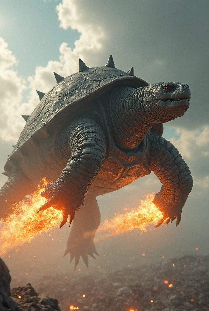 Gamera the turtle that starts flames from her legs and flies in the sky